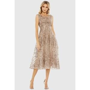 Mac Duggal 20398 Gold Sequin Fit & Flare Midi Dress 16 Cap Sleeves Cocktail NWT